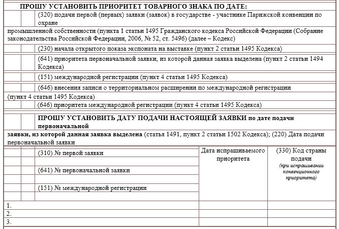 Заявка на регистрацию товарного знака образец