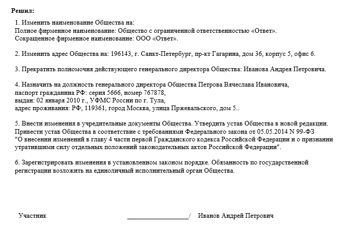 Образец решения единственного участника ооо об альтернативном способе принятия решений